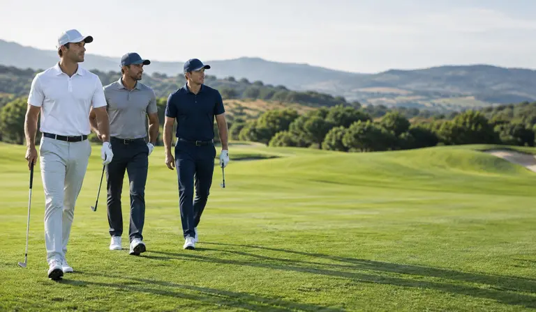 Three golfers walking down a green fairway