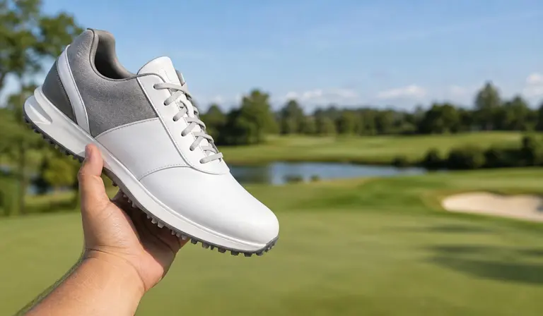 A white golf shoe held up on a golf course