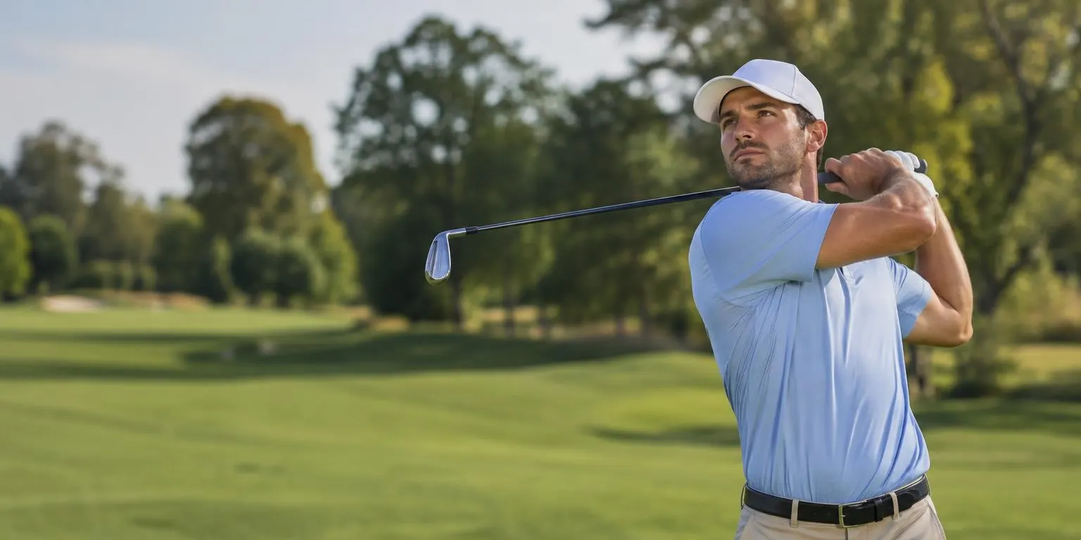 A golfer finishing his swing on a sunny fairway